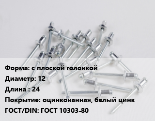 Заклепка с плоской головкой 12х24 оцинкованная, белый цинк ГОСТ: ГОСТ 10303-80, шт цена от 90.96 сом / шт, где купить, условия доставки в Оше и Ошской области